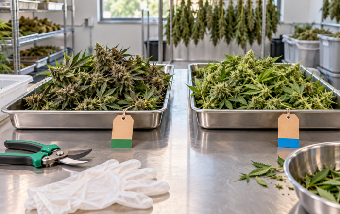 Separated cannabis harvest lots with clean tools and color-coded tags
