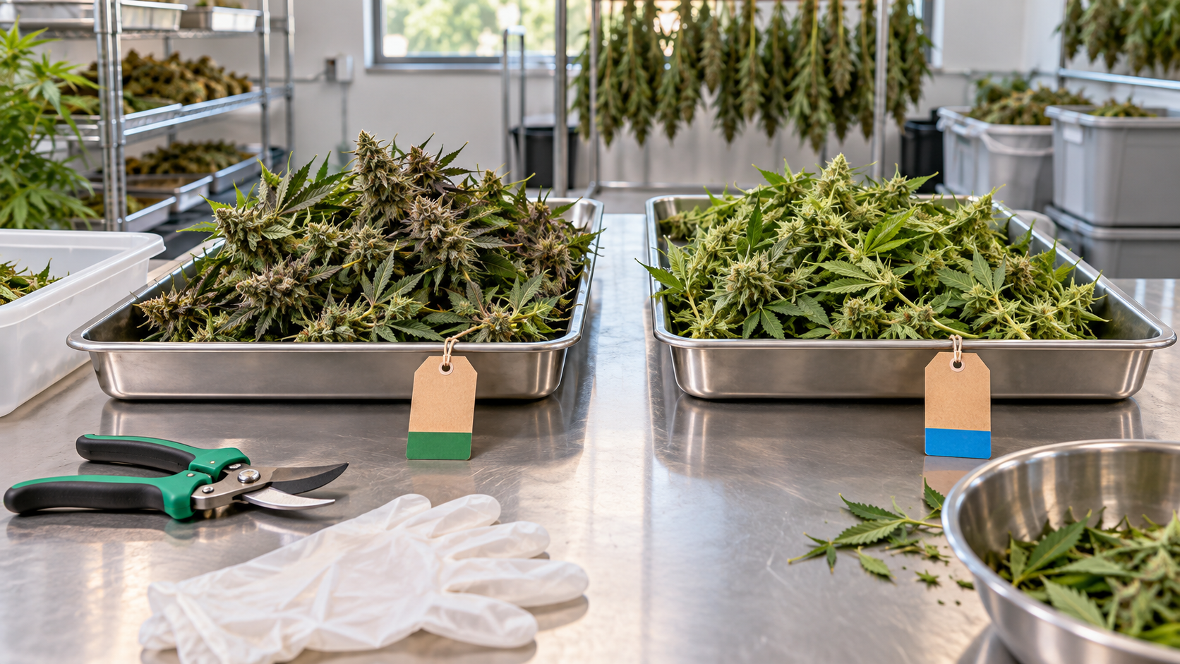 Cannabis Harvest Hygiene and Lot Labels Separated cannabis harvest lots with clean tools and color-coded tags