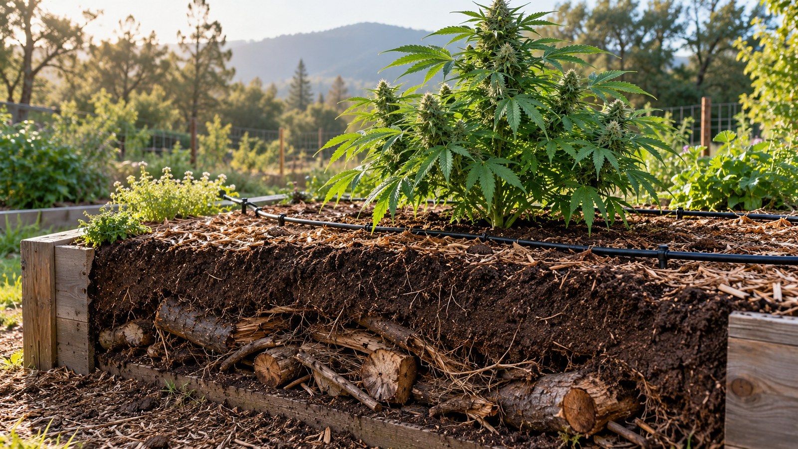 Cutaway view of a hugelkultur raised bed with buried logs, deep soil, drip irrigation, and an outdoor cannabis plant