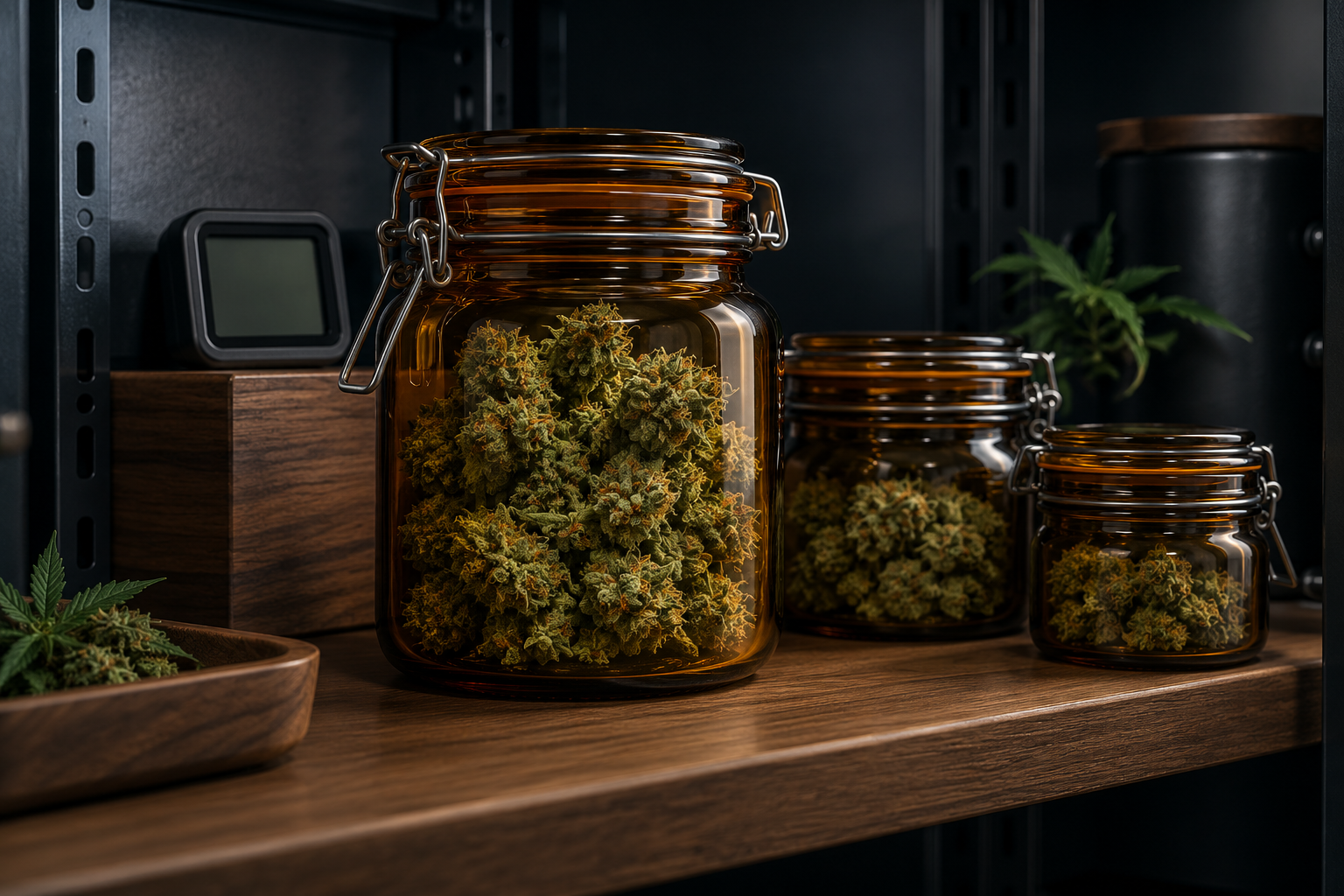 Amber glass jars protecting cured cannabis flower in a cool dark cabinet