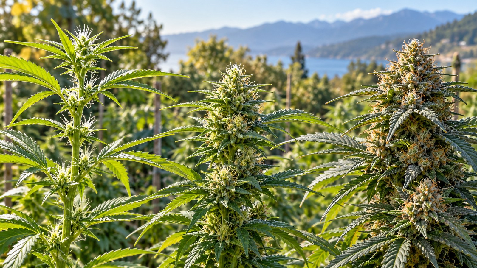 Outdoor cannabis branches showing early, developing, and mature flowering stages