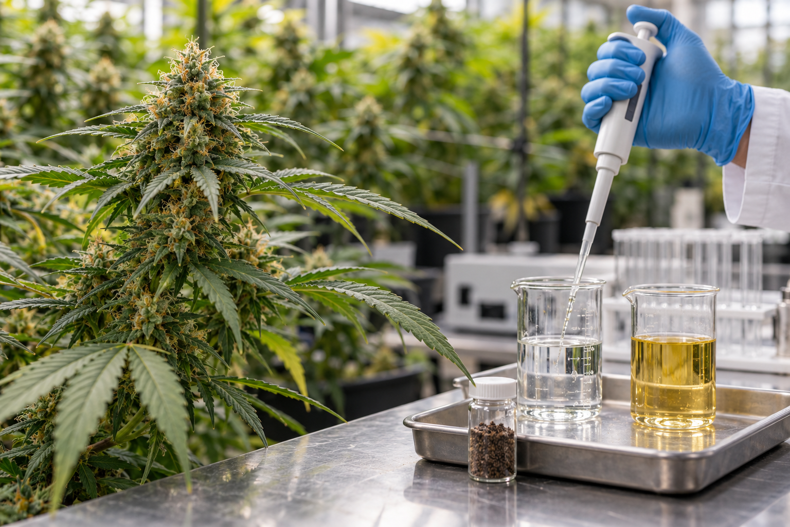 Flowering cannabis plant beside controlled phosphorus solution testing