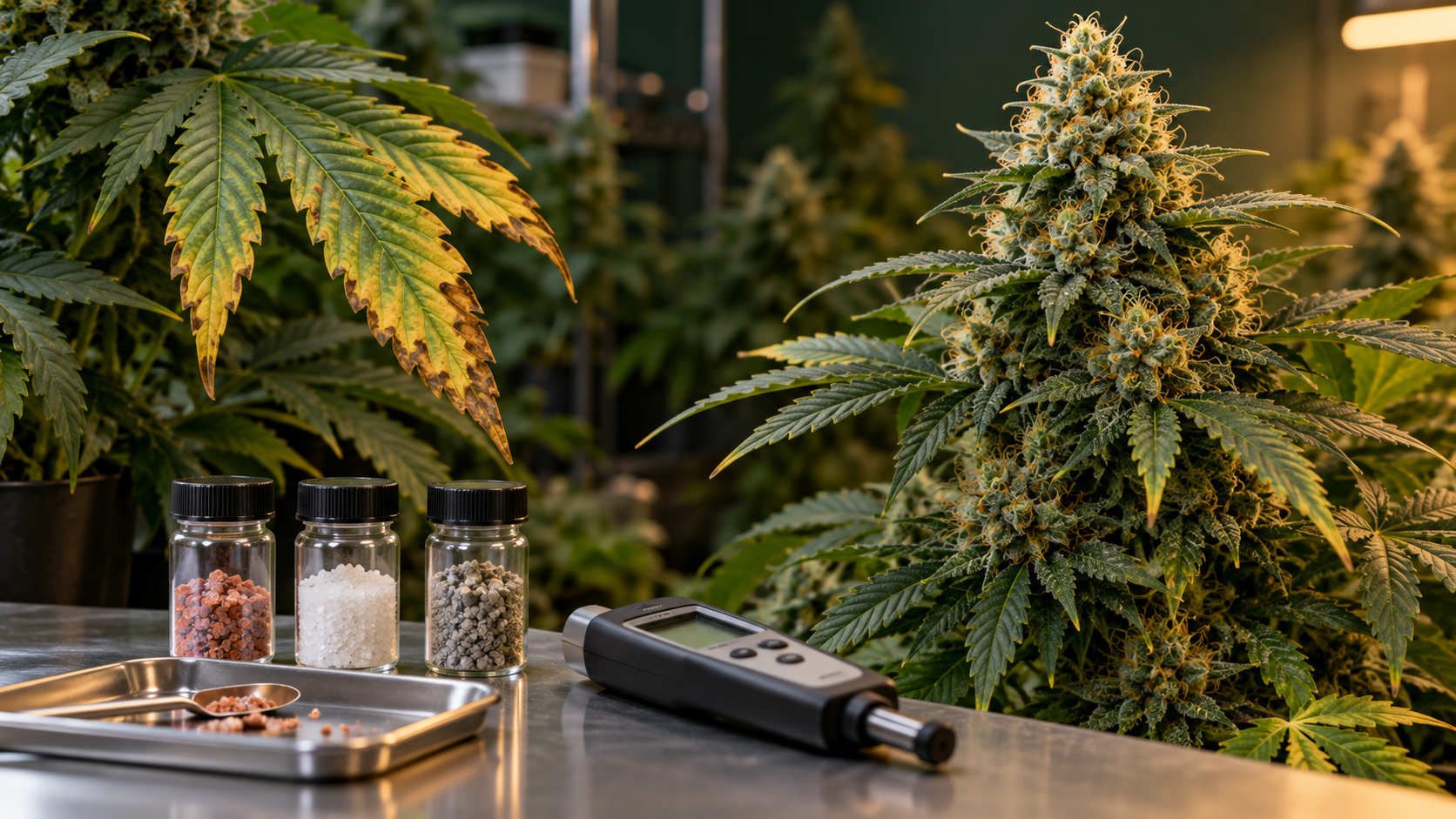 Flowering cannabis plant with marginal leaf damage during potassium diagnosis