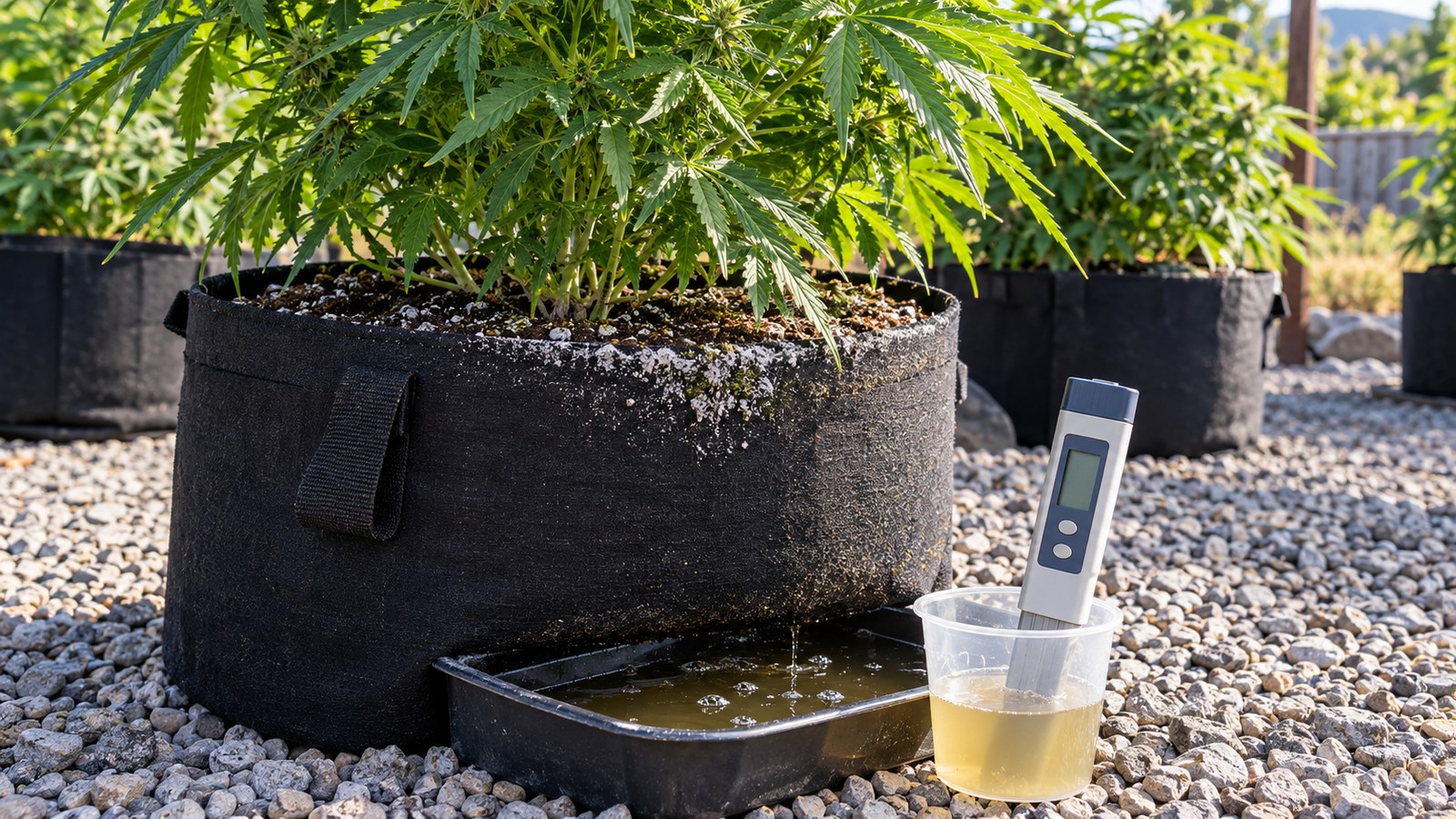 Outdoor Cannabis Salt Buildup and Leachate EC Outdoor cannabis plant with salt buildup and leachate EC measurement