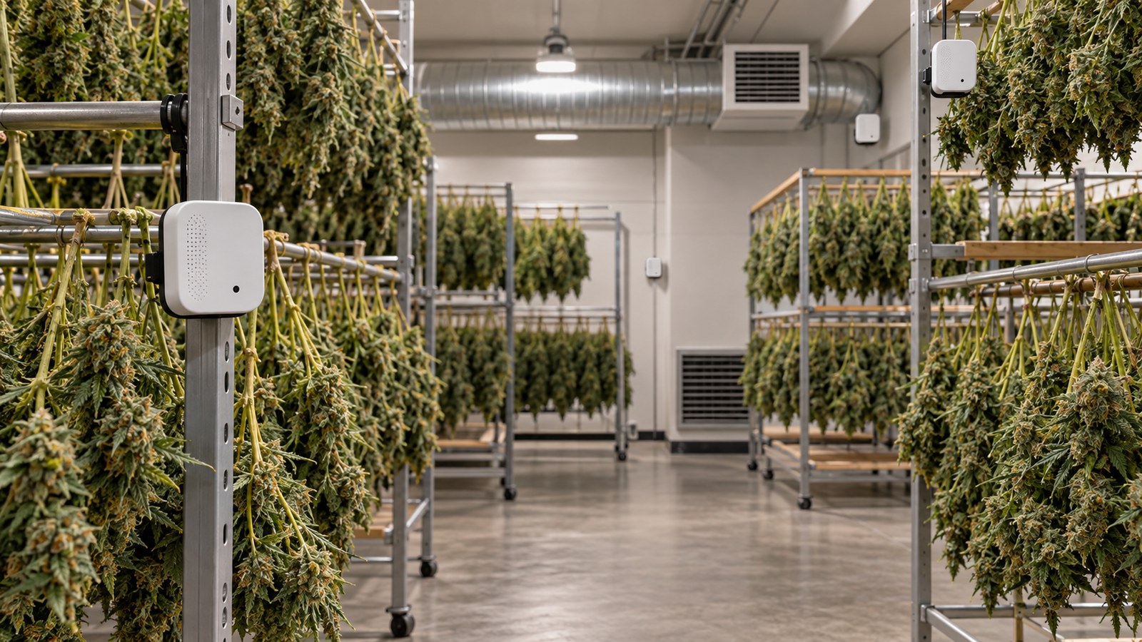 Temperature and humidity sensors placed at different locations in a cannabis drying room