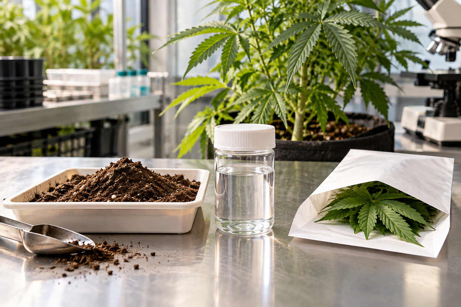soil-water-tissue-tests-cannabis Soil, irrigation water, and cannabis tissue samples prepared for laboratory testing