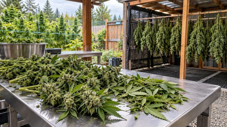 Fresh cannabis at a wet-trim table beside branches hanging for dry trimming