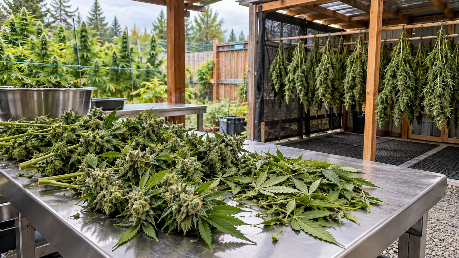 Freshly harvested cannabis on a wet-trim table beside branches hanging for dry trimming