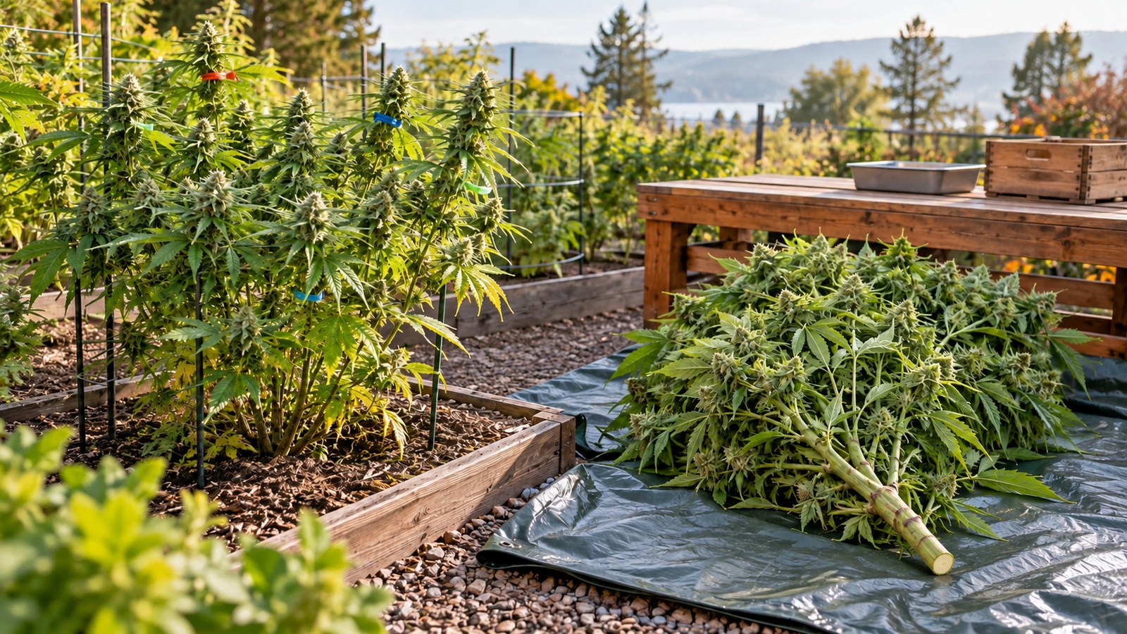 Whole-plant cannabis harvest beside marked branches left for staged harvesting