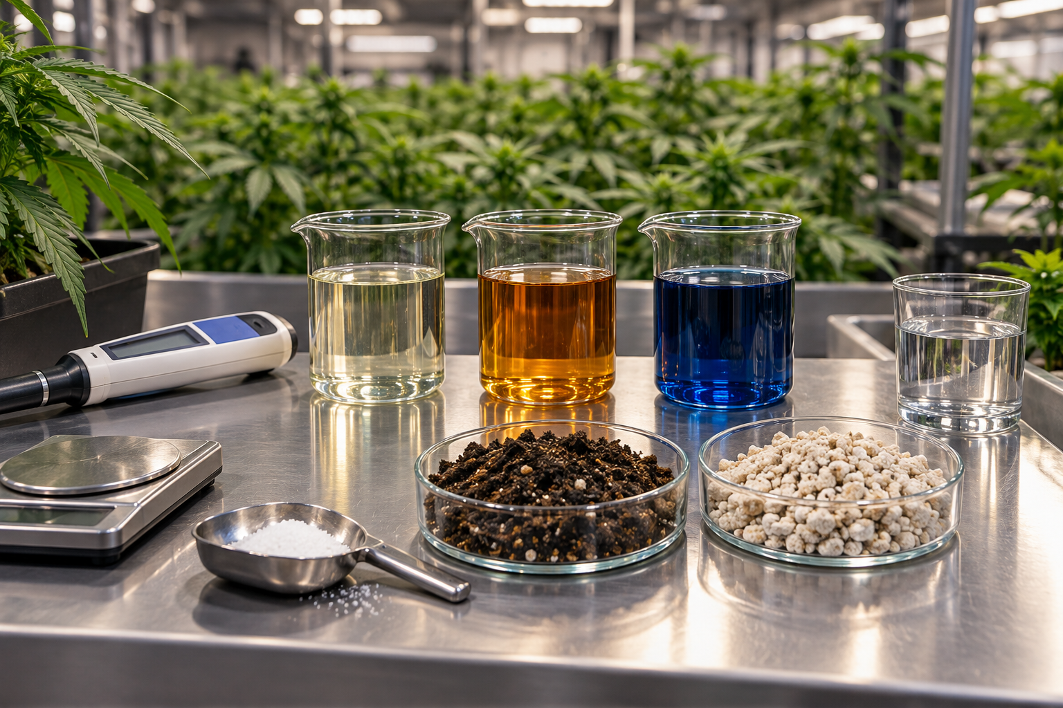 Cannabis nutrient ratio comparison with EC meter, water sample, soil, and inert growing medium