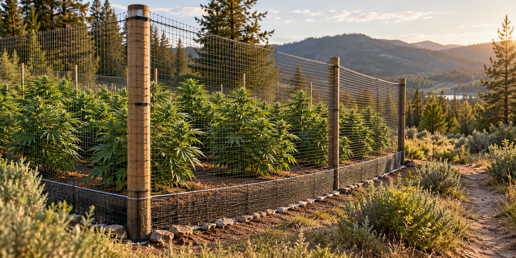 Outdoor cannabis plants protected by taut wildlife-safe fencing with an anchored lower edge